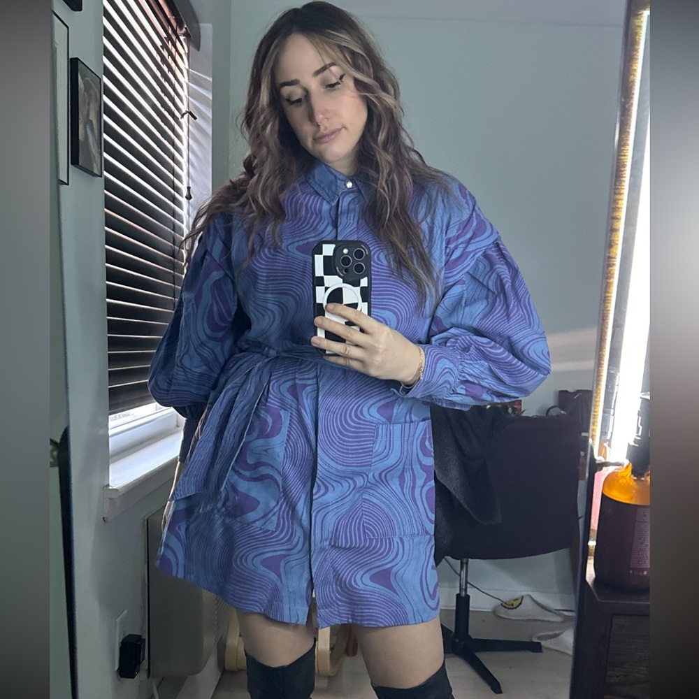 Belted Purple and Blue Patterned Shirt Dress